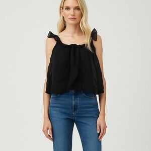 EVERY Linen Blend Lined Ruffle Trim Strap Black Boho Tank